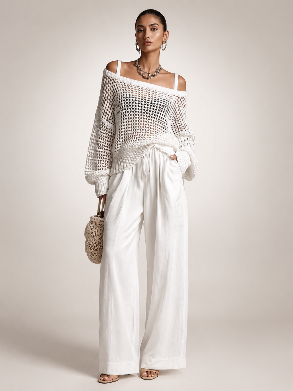 White off-shoulder knit co-ord set