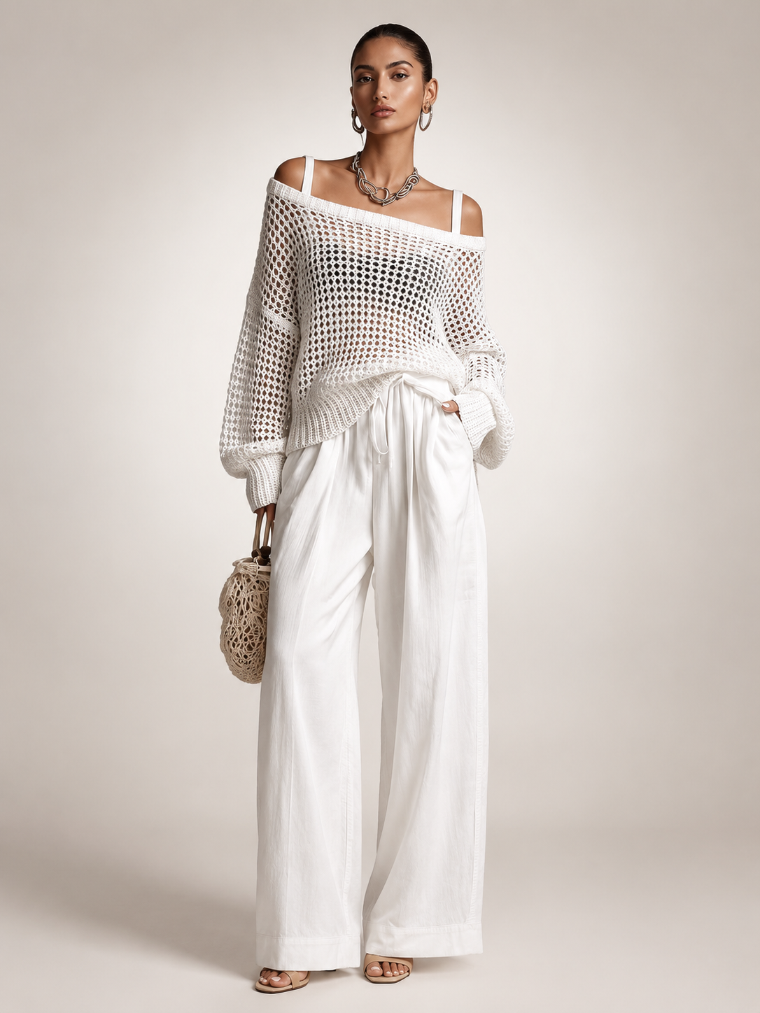White off-shoulder knit co-ord set