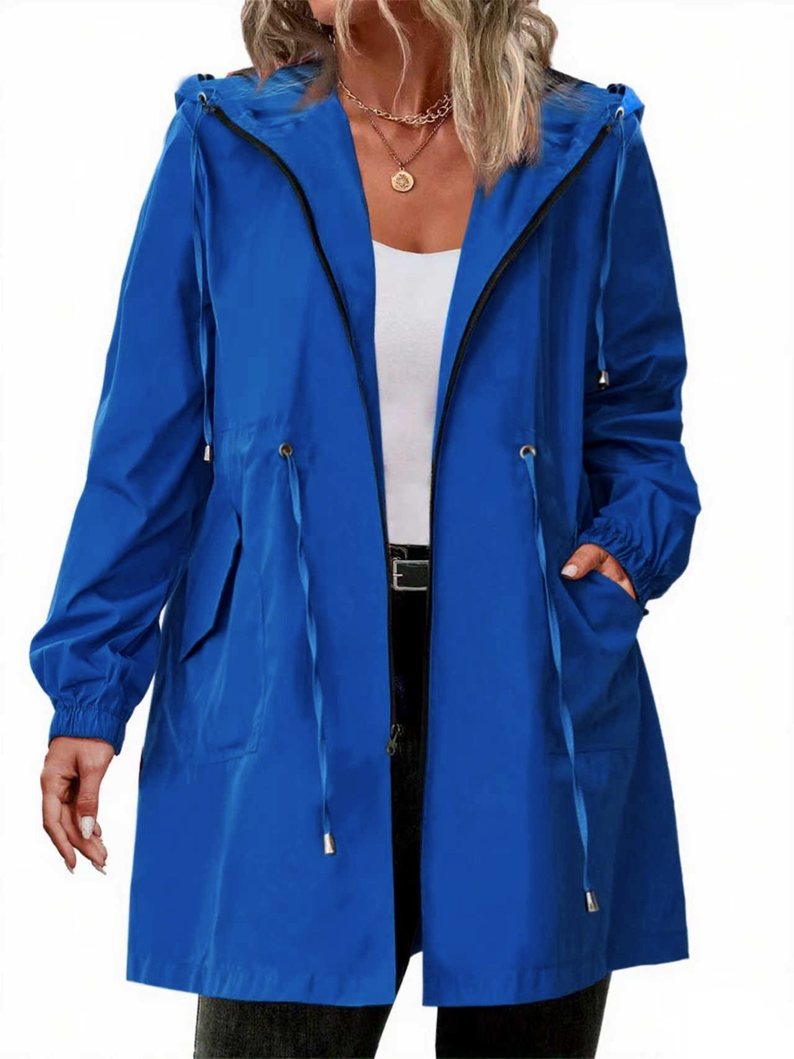 White Hooded Full-Zip Drawstring Coat, front view