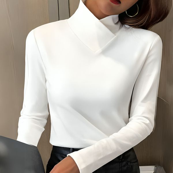 White High-Neck Long Sleeve Fitted Top, front view