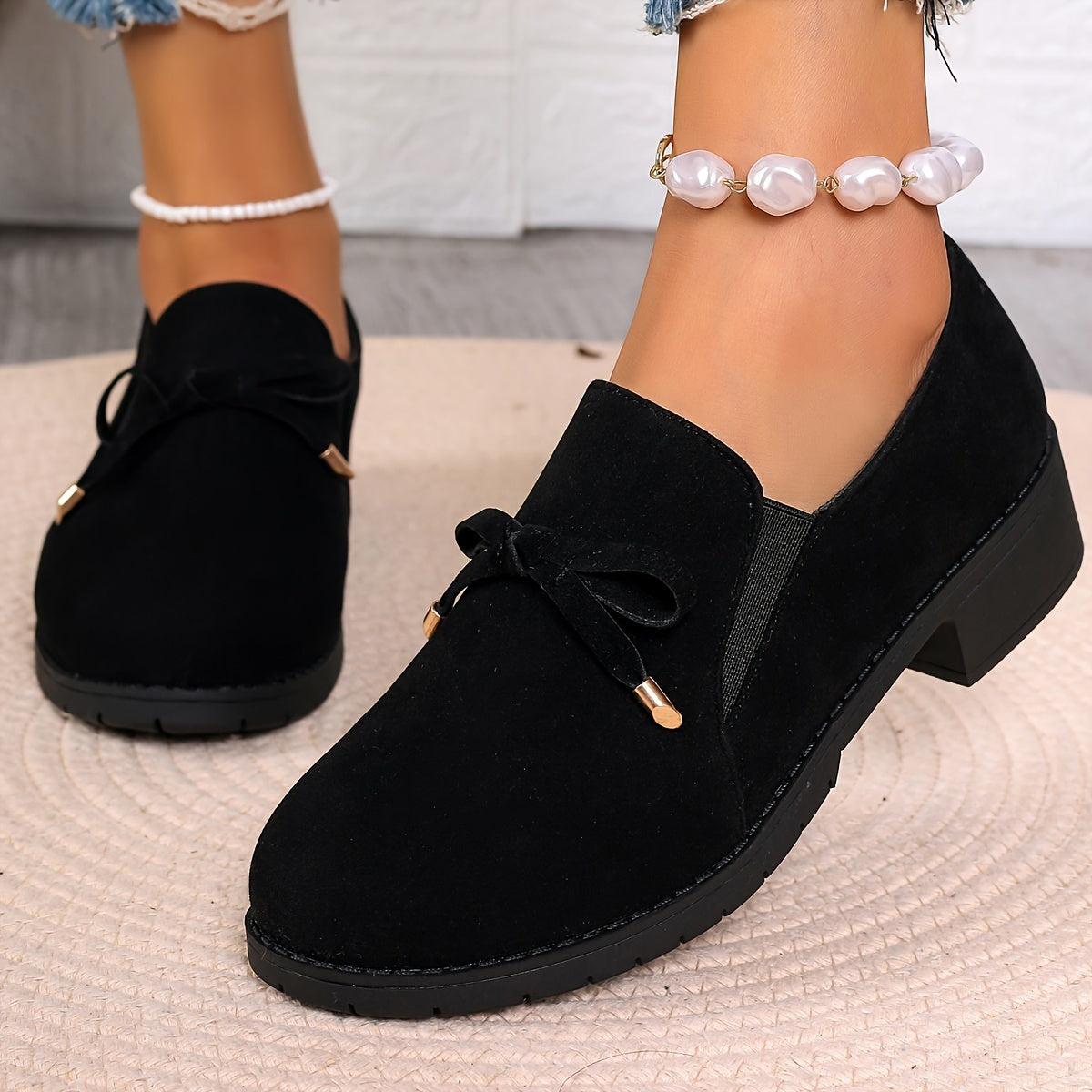 Black Bow-Detail Slip-On Loafers