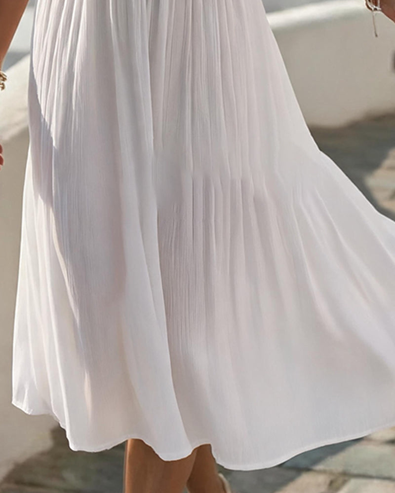 White lace patchwork sleeveless midi dress, side view