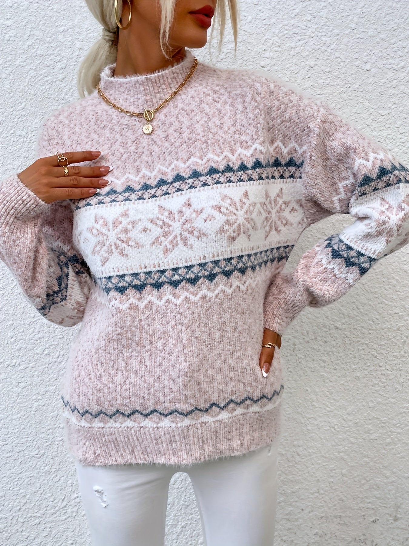Gray cozy snowflake mock-neck sweater
