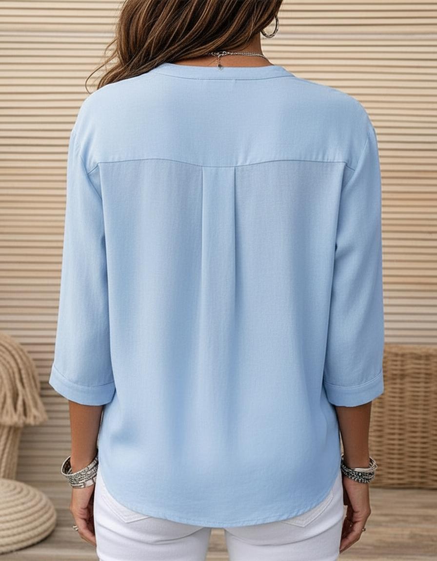 Pleated Button Front Three Quarter Sleeve Blouse