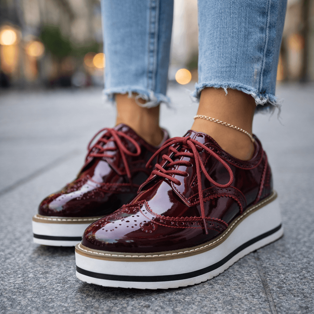 Wine Red leather brogue platform Heels