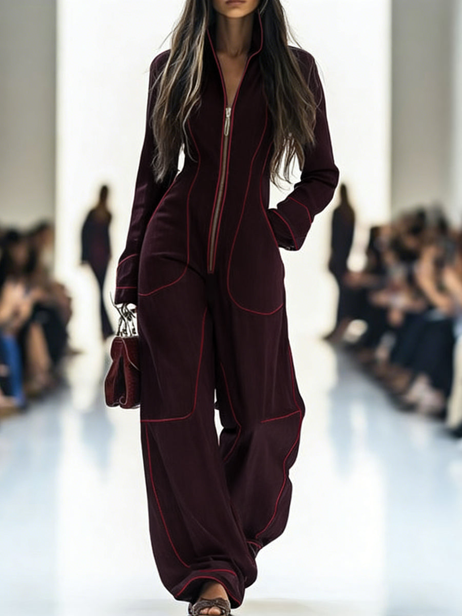 Denim Jumpsuit with Stand Collar