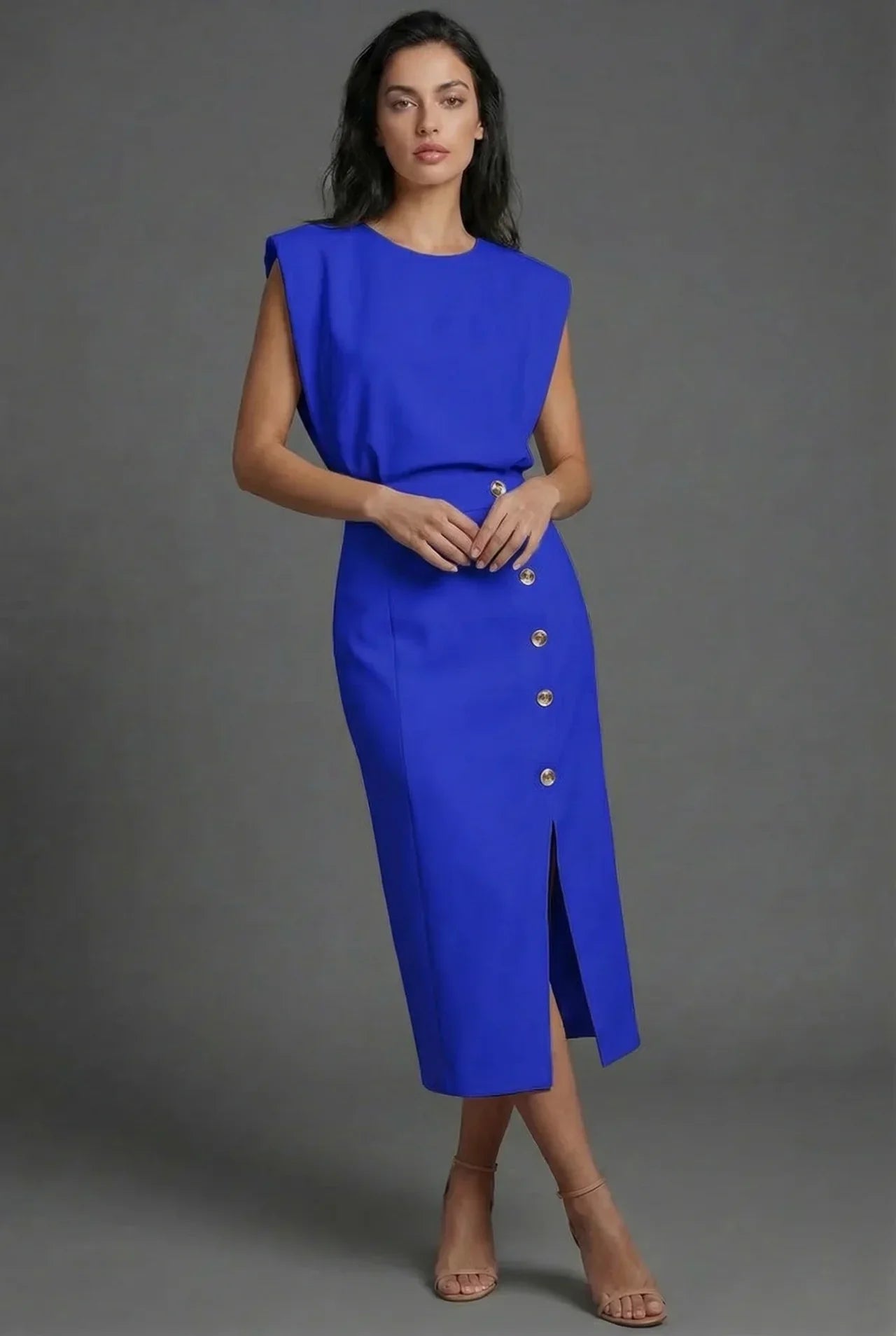 Shift Work Sleeveless Button Detail Midi Dress