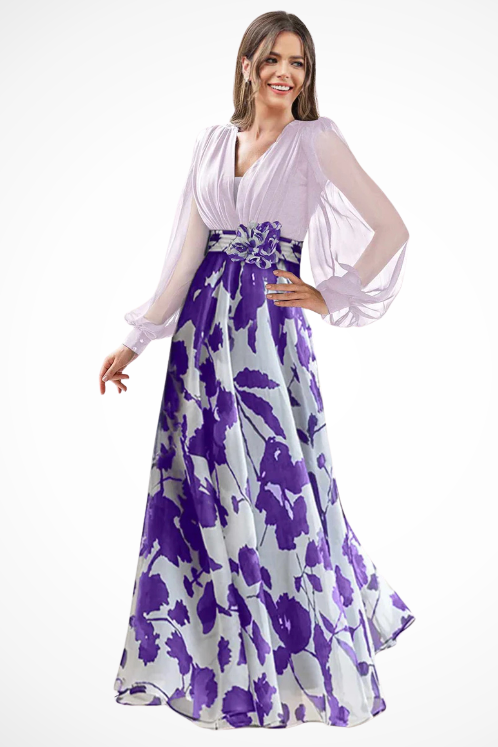Floral Balloon Sleeve Wedding Guest Maxi Dress