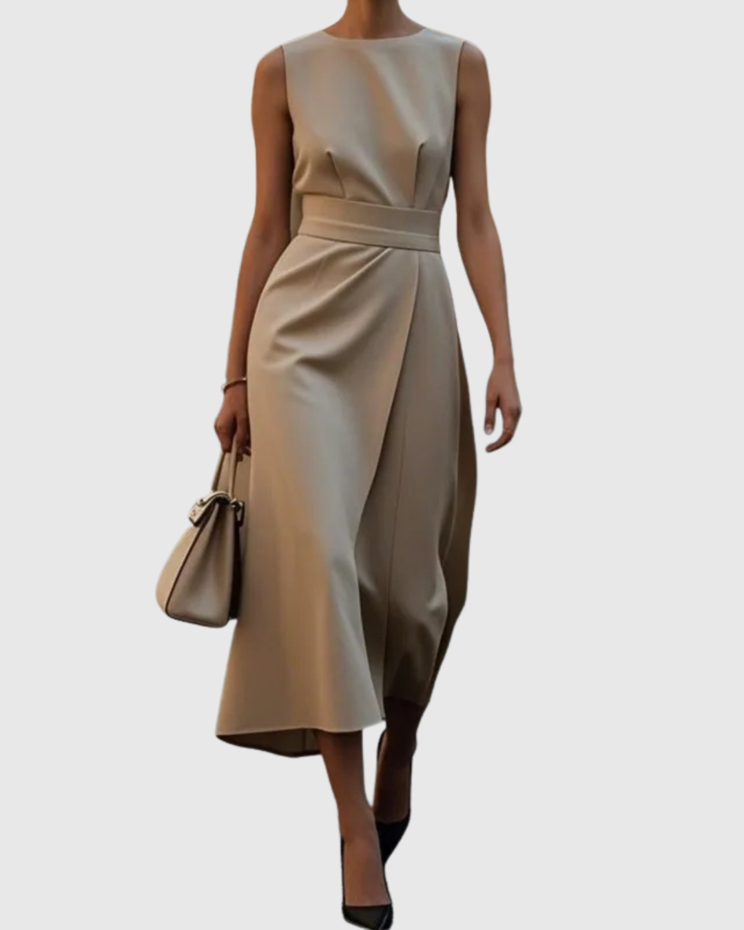Dark Brown Round Neck Sleeveless Draped Midi Dress
