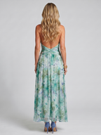 Portia - Pleated Halter Soft Floral Pattern Midi Dress