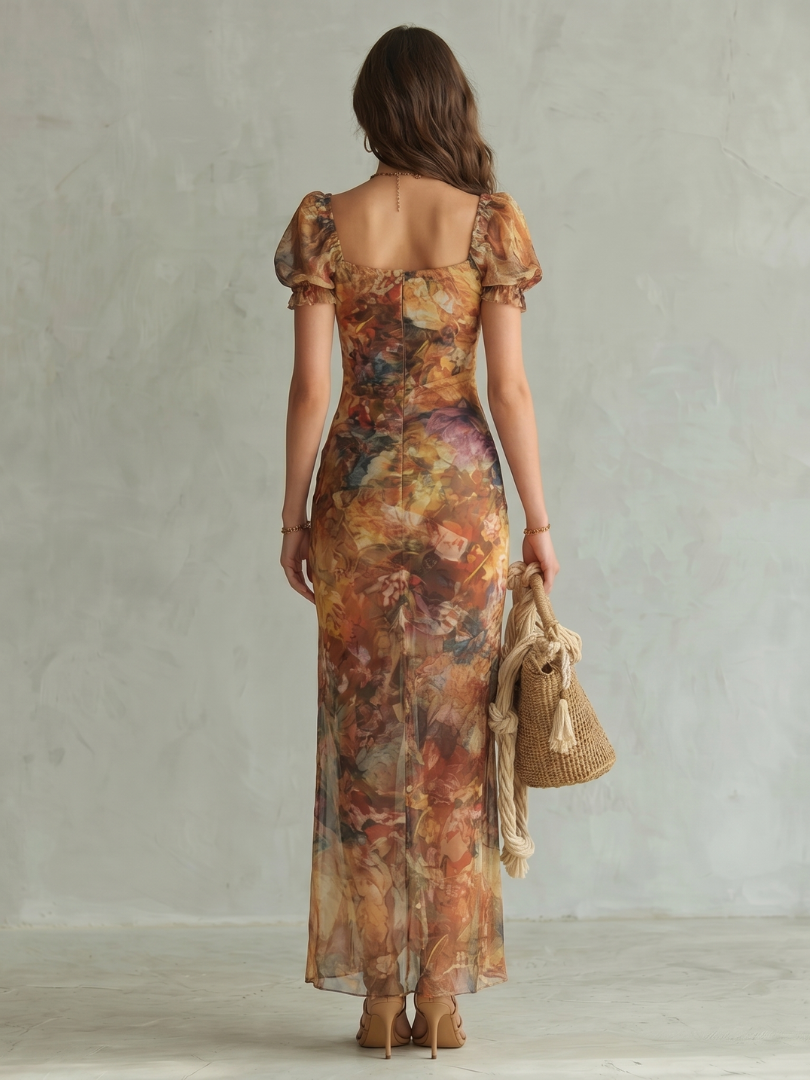 Ciel - Ruffled Sleeve Ruched Slit Midi Dress