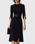 Belted High-Neck Black Midi Dress, front view