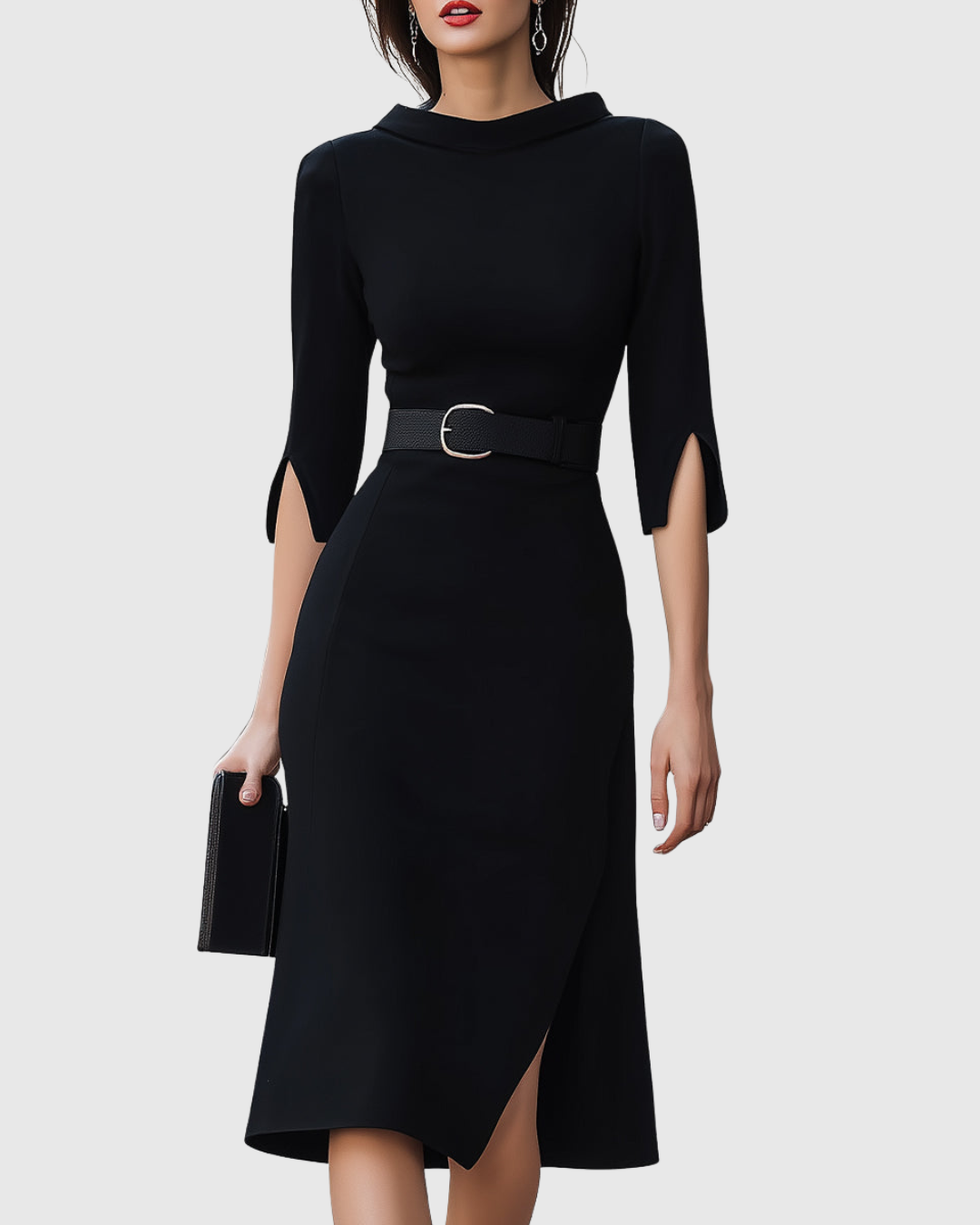Belted High-Neck Black Midi Dress, front view
