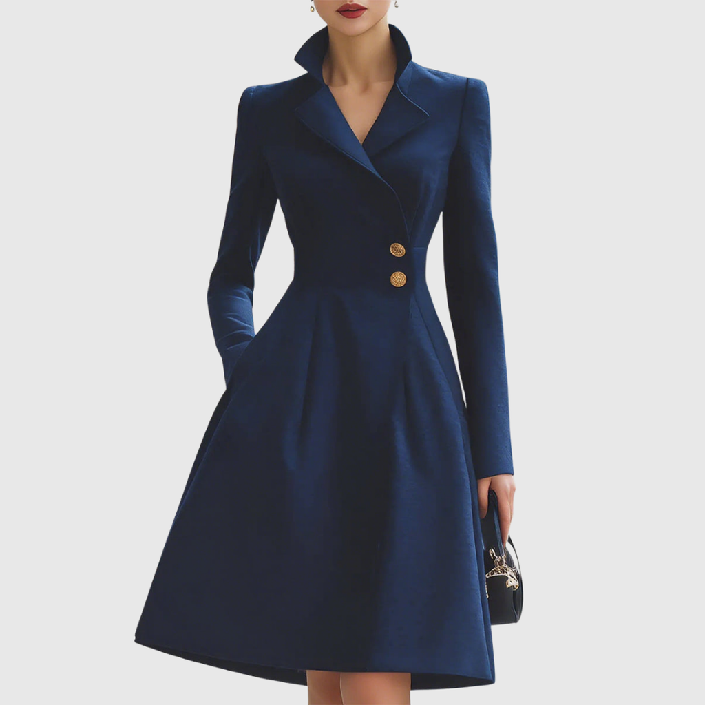 Navy Blue Tailored Coat Midi Dress, front view