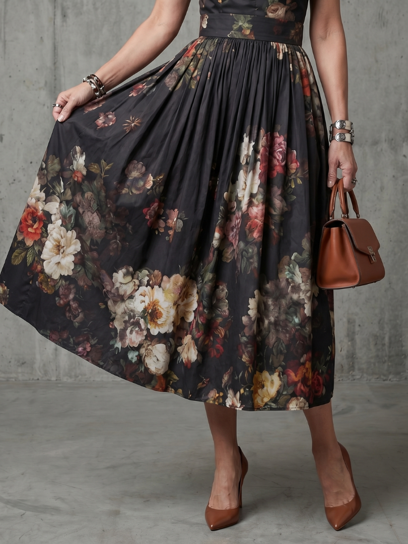 Greta - High Neck Keyhole Floral Pleated Midi Dress