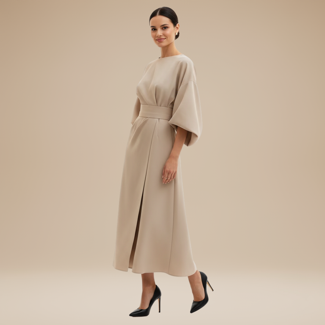 Belted Midi Dress with Wide Sleeves and Draped Waist