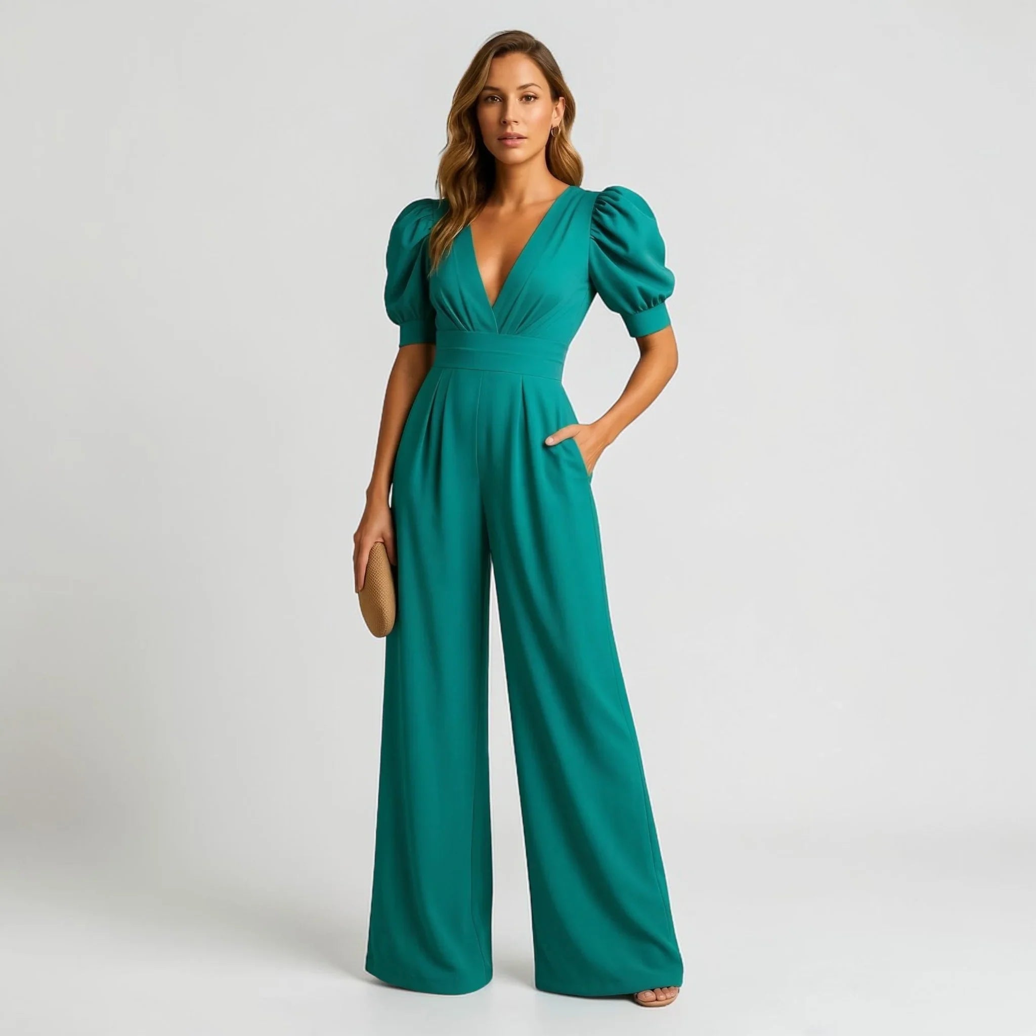 Wide Leg Tailored Fit Jumpsuit with Puff Sleeves
