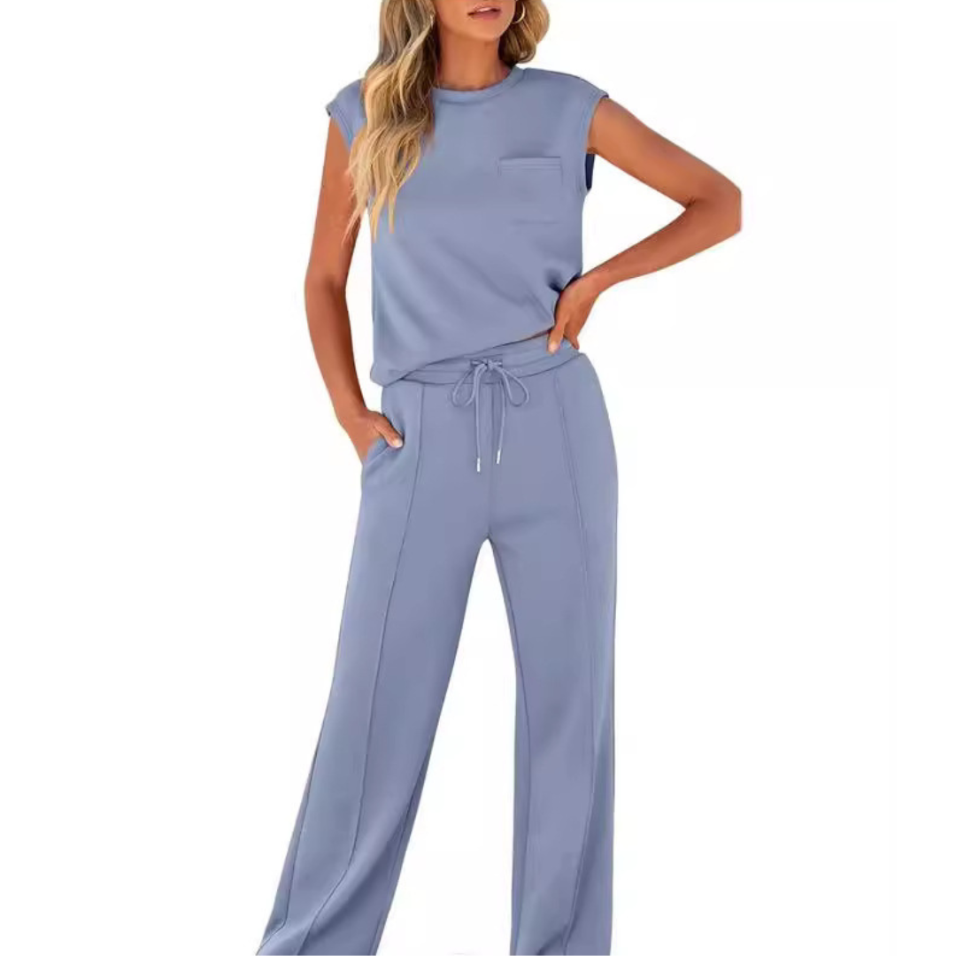 Blue sleeveless round-neck top and trousers co-ord set