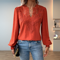 V neck long sleeve floral detail blouse in red, front view
