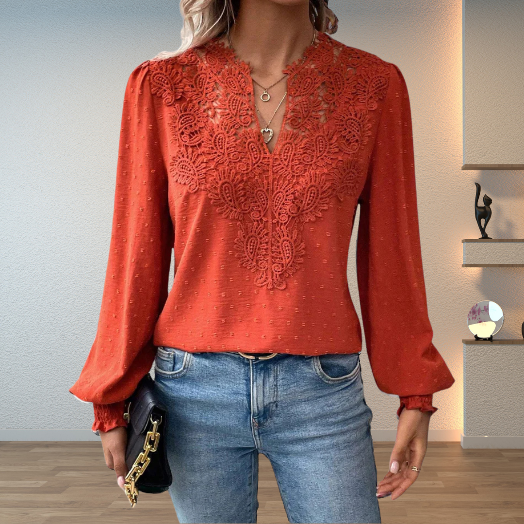 V neck long sleeve floral detail blouse in red, front view