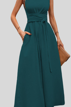 Casual Pleated Square-Neck Midi Dress