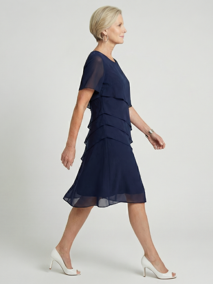 Classic Tiered Chiffon Midi Dress with Short Sleeves