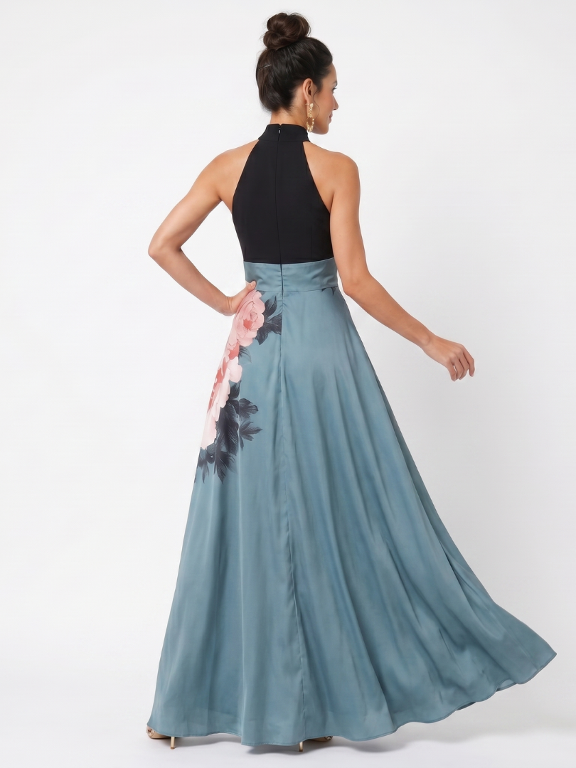 Olympas - Halter Bodice Floral Skirt Maxi Dress