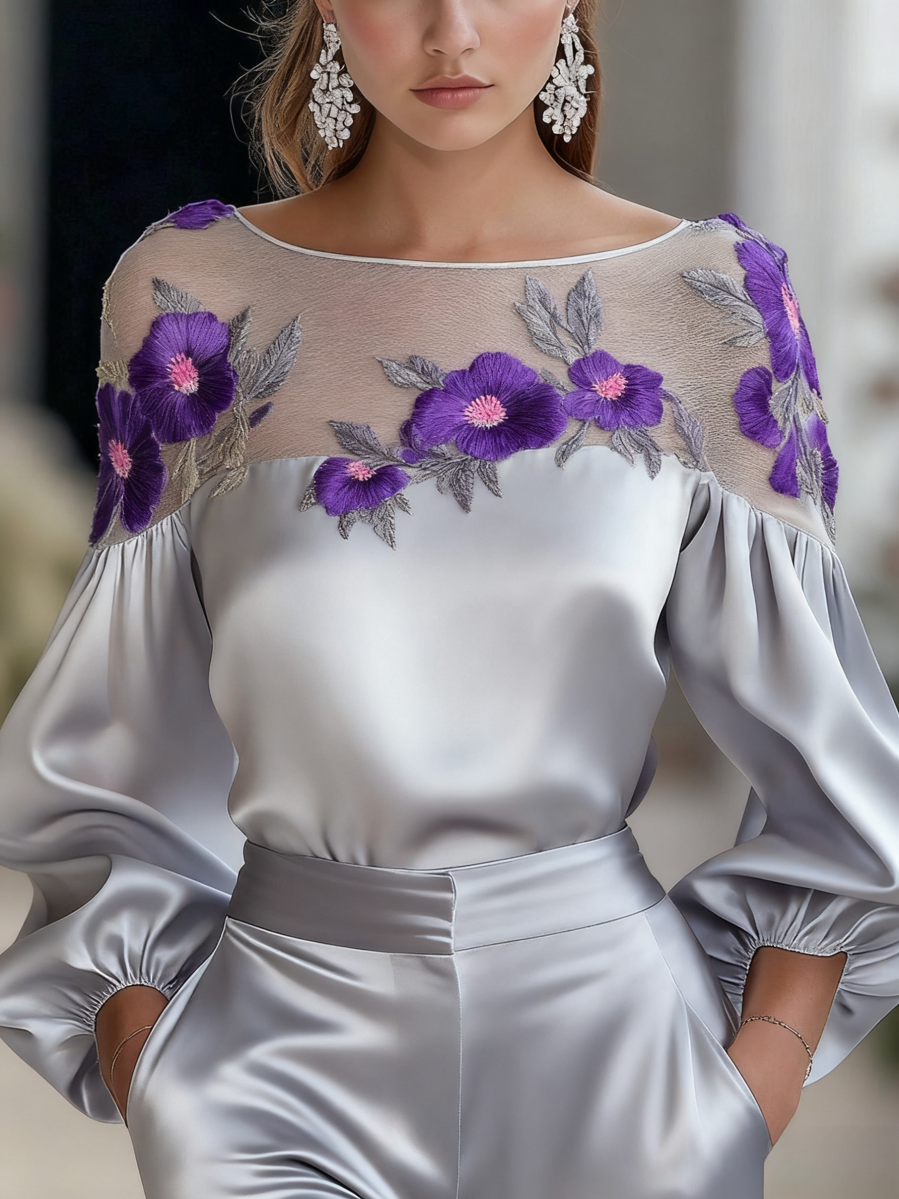 Mesh Floral Embroidered Satin Blouse, front view