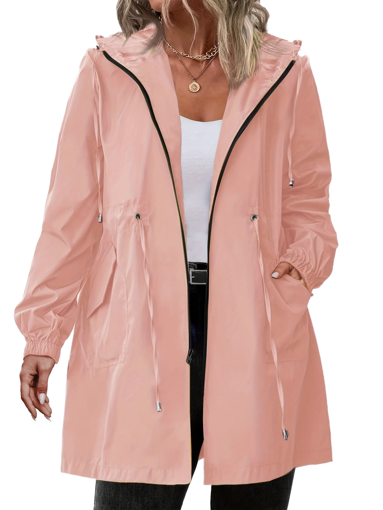 White Hooded Full-Zip Drawstring Coat, detail view