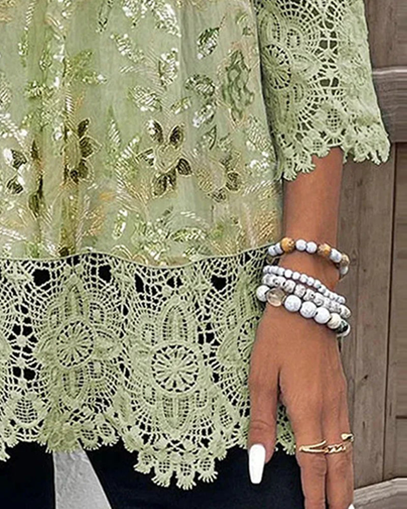 Green floral lace patchwork blouse, detail view