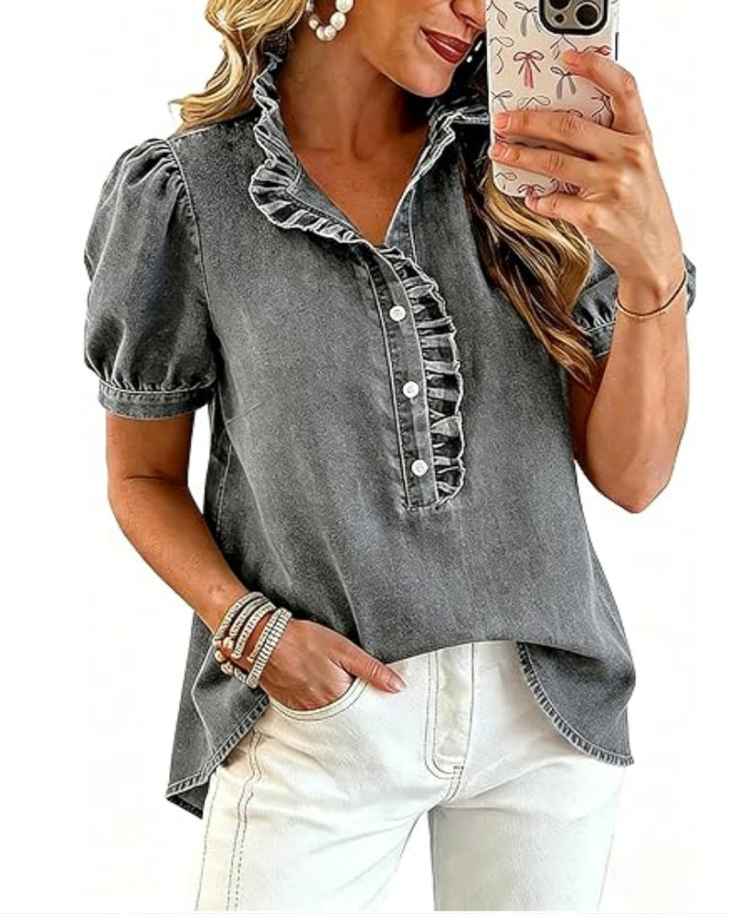 Women's Denim Blouse Lapel Collar Summer | Senselle