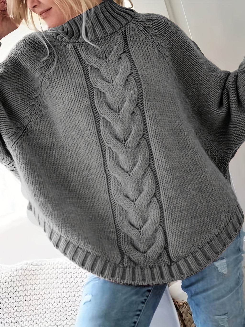 Dark Gray cable-knit high-neck sweater