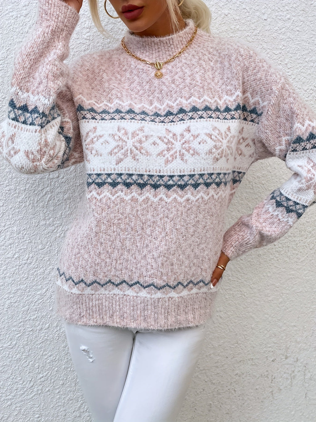 Gray cozy snowflake mock-neck sweater