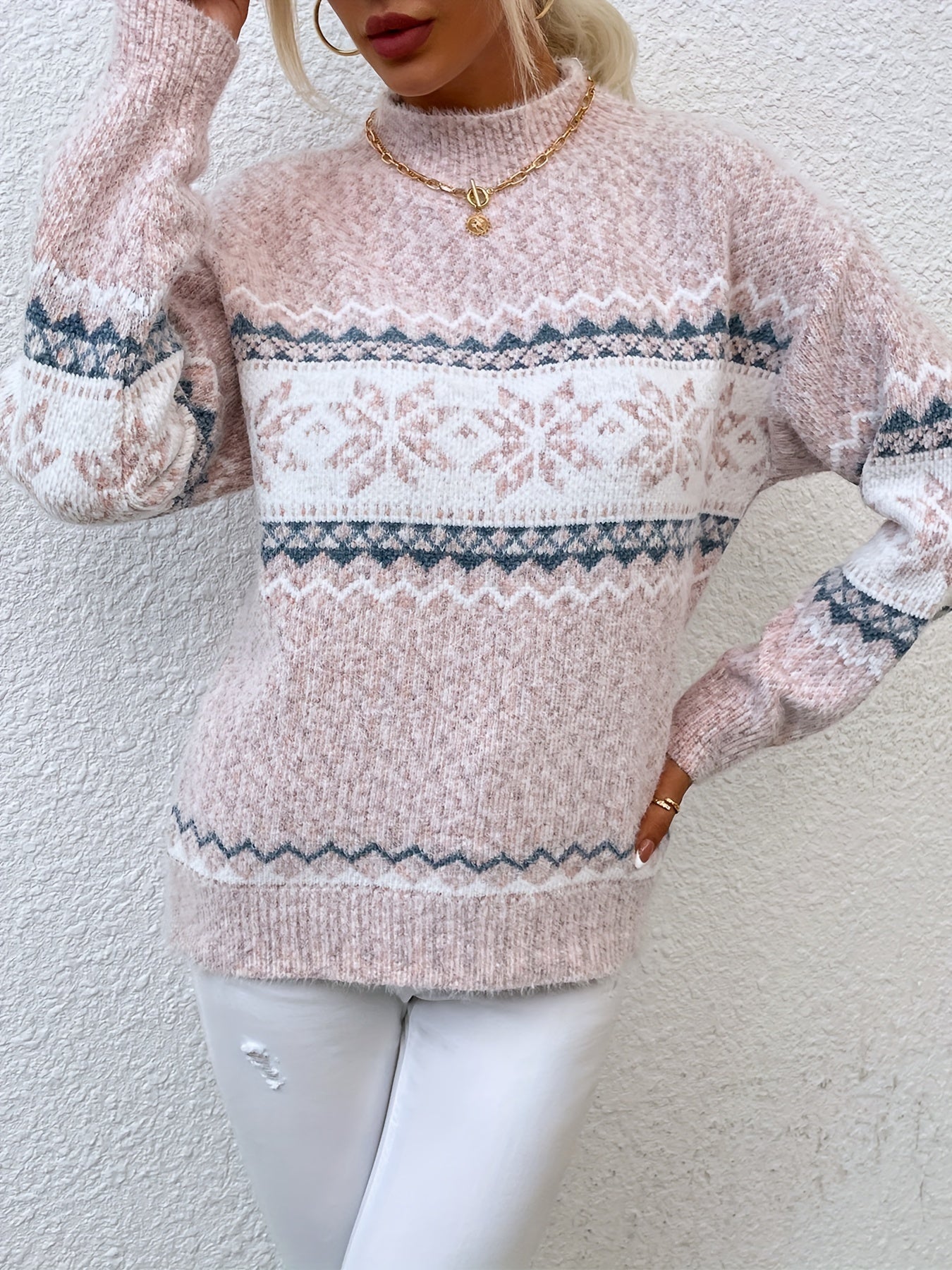 Gray cozy snowflake mock-neck sweater