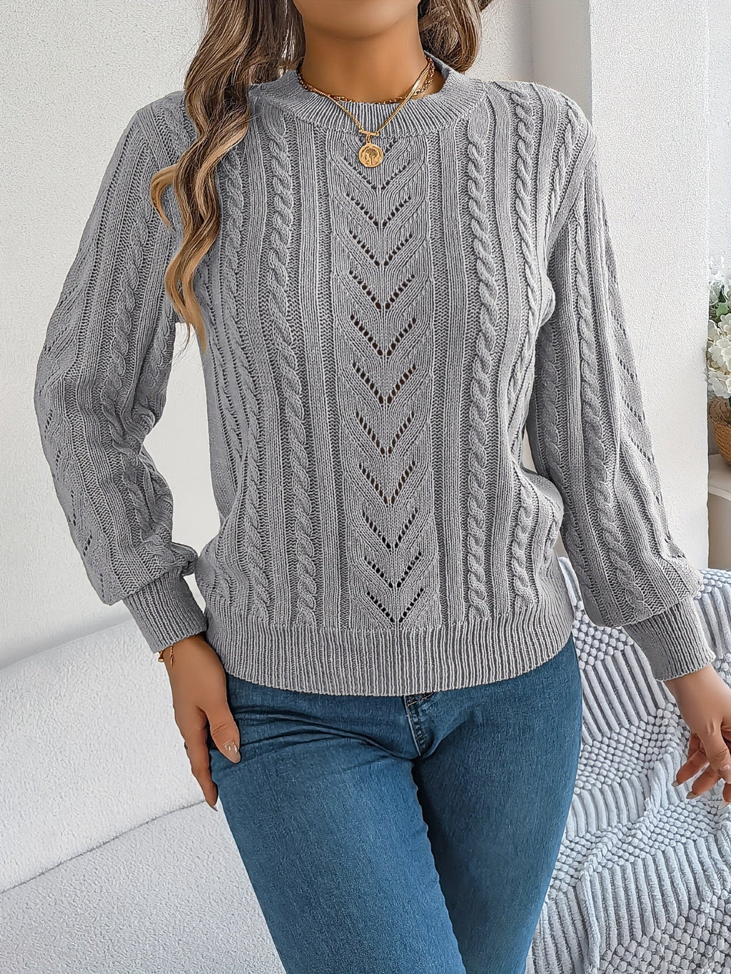 Khaki cable-knit textured sweater