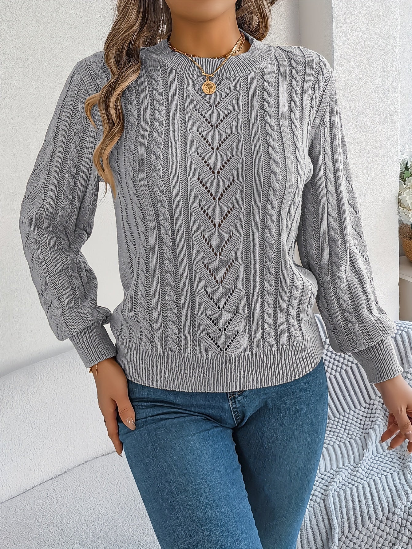 Khaki cable-knit textured sweater