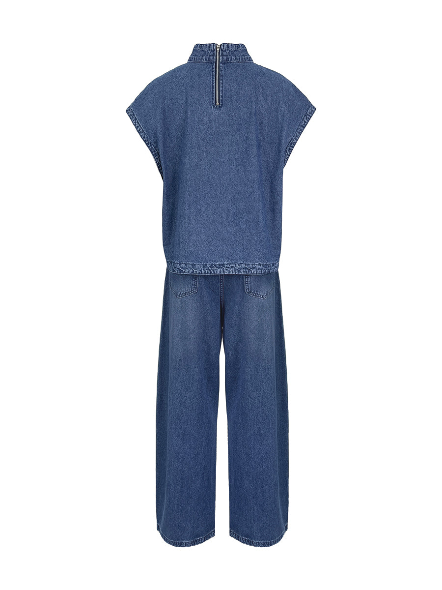 denim mock-neck vest top and wide-leg jeans co-ord set