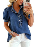 Lapel Collar Ruffle Denim Blouse Short Sleeve | Senselle