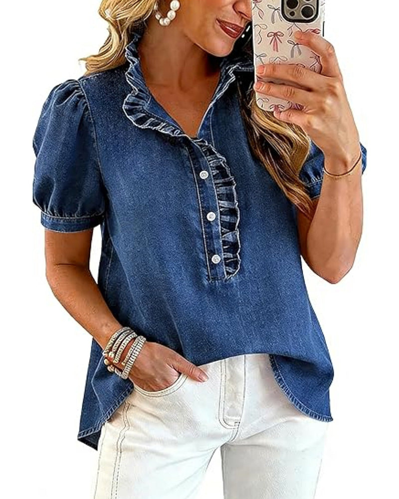 Lapel Collar Ruffle Denim Blouse Short Sleeve | Senselle