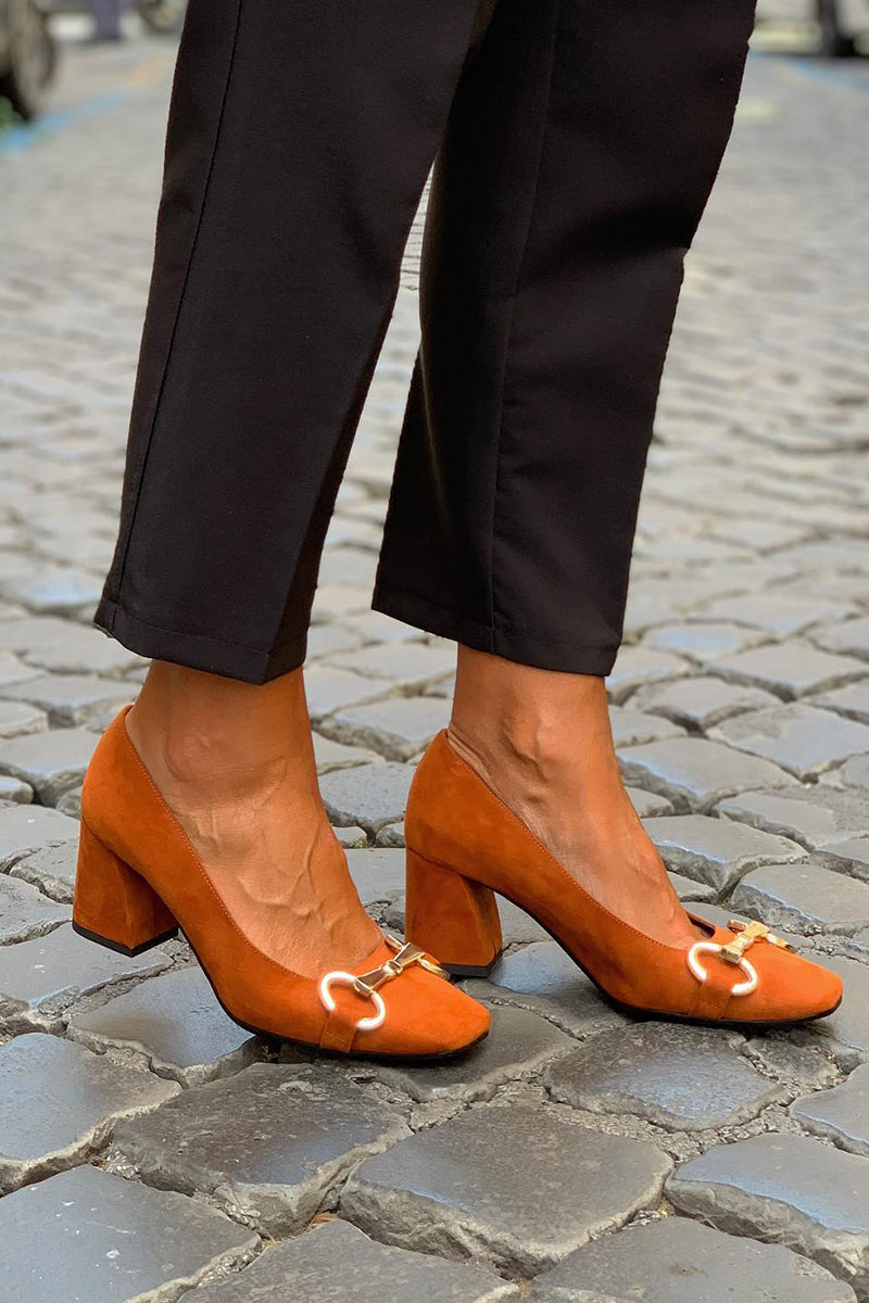 Dark Orange Square Toe Block Heel Sandals, front view