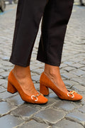 Dark Orange Square Toe Block Heel Sandals, front view