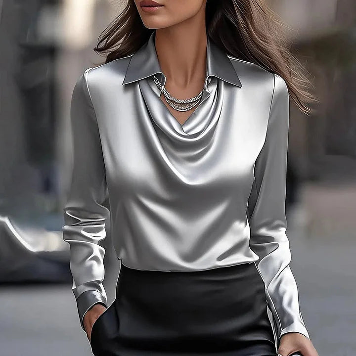 Black Draped Neckline Satin Blouse