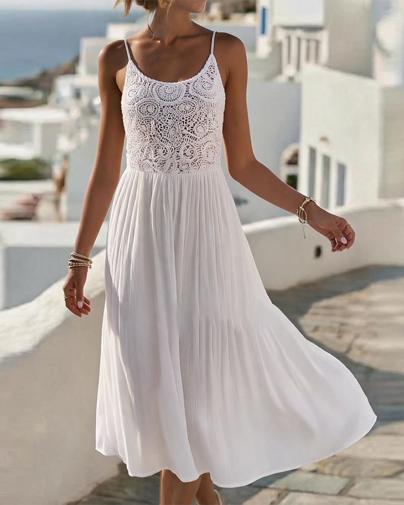 White spaghetti strap U-neck lace patchwork midi dress, front view