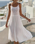 White spaghetti strap U-neck lace patchwork midi dress, front view