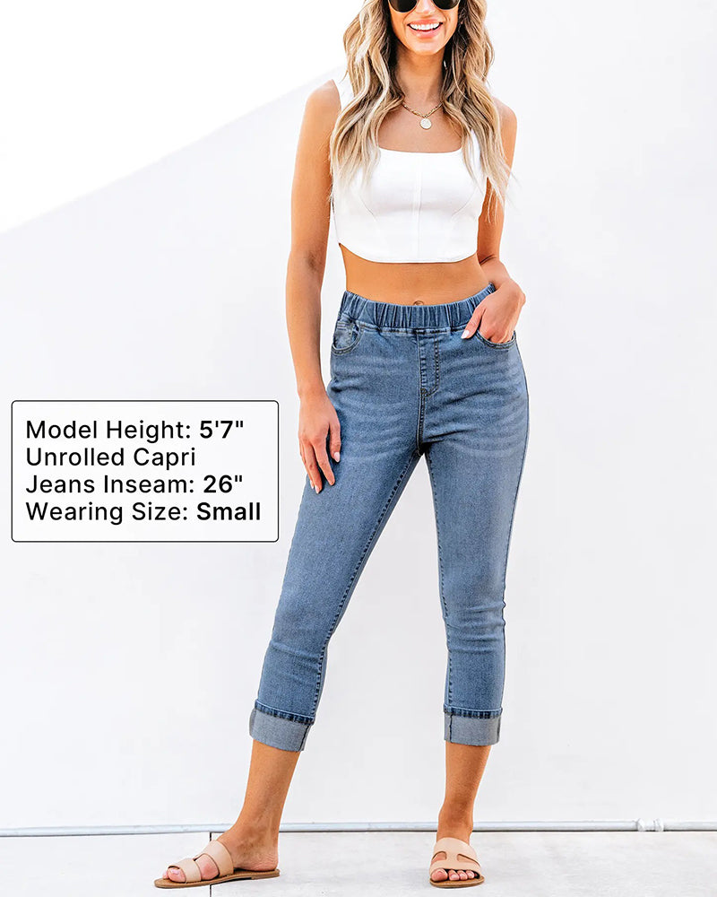 Elastic waist 3/4 capri jeans women summer, front view