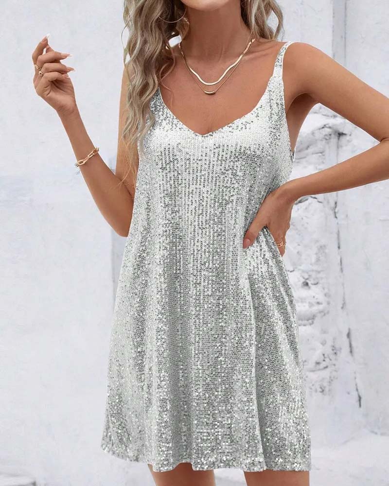 Silver sequin camisole mini dress, back view