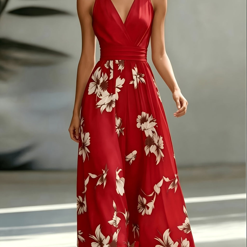 Red Shirred Geometric Print V-Neck Midi Dress