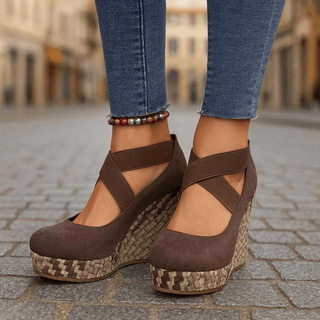Brown crisscross platform wedge Heels