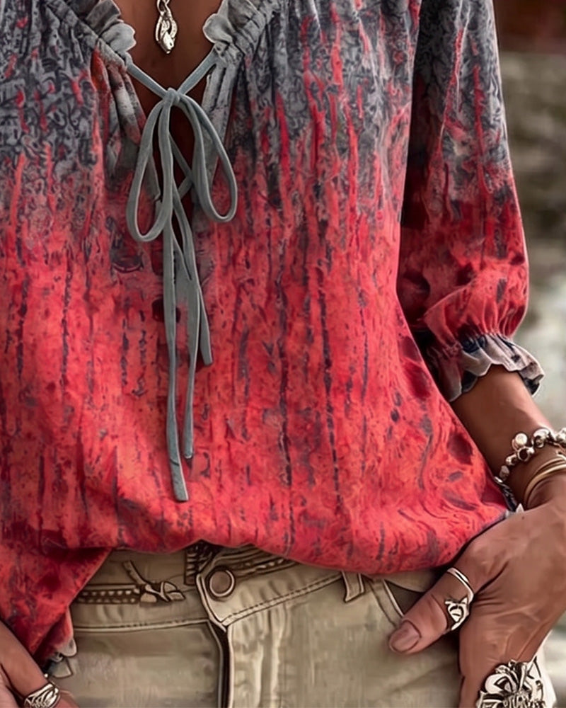 Red tie-dye 3/4 sleeve blouse with drawstring hem, back view