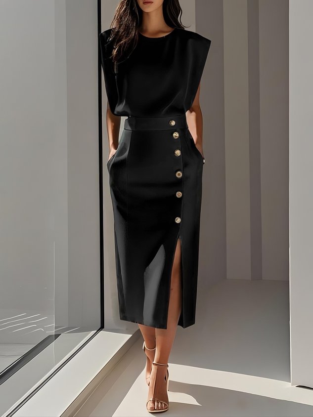 White Solid Midi Dress with Button Slit